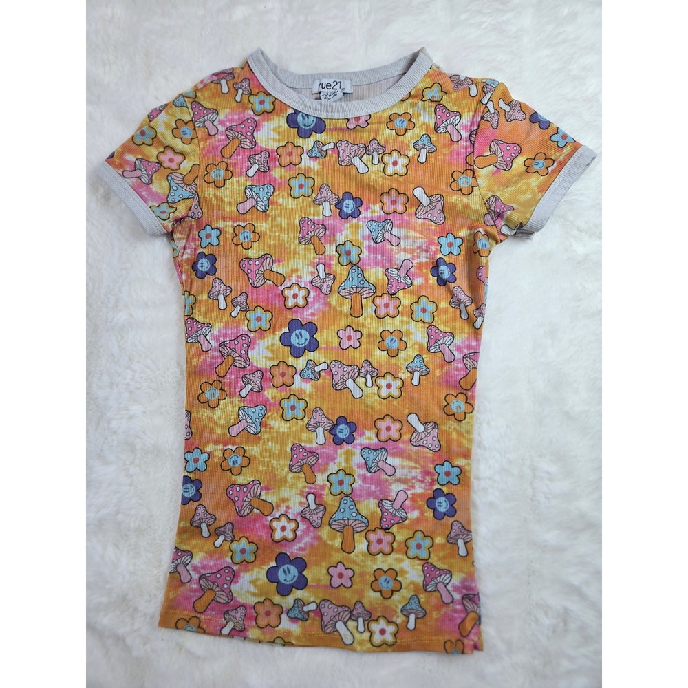 Y2K XS Mushroom Floral Tie Dye Ribbed Ringer Baby Tee Short Sleeve Top‎ Retro